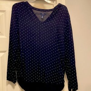 V Neck aqua and navy polka dot blouse